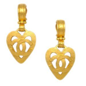 Chanel Dangle Heart Earrings Gold Clip-On 95P KK31553